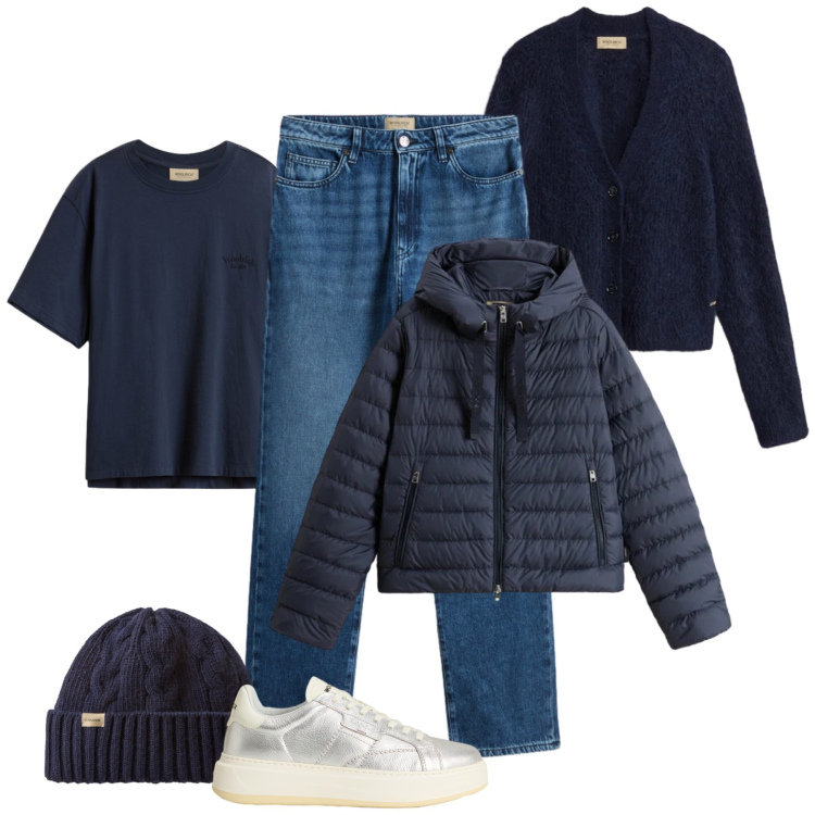 Outfit donna - Woolrich in blu. Stile Urban per Tutti i giorni. Abbinamento con jeans, piumini, t-shirt, cardigans, sneakers, berretti.