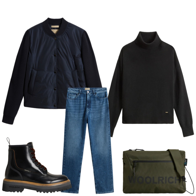 Outfit donna - Informale. Stile Casual per Tutti i giorni. Abbinamento con borse a tracolla, jeans, anfibi, maglieria, bomber.