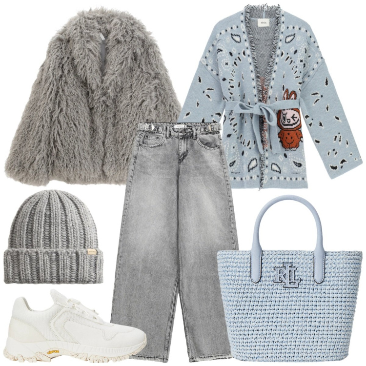 Outfit donna - Winter in Soft Grey. Stile Casual chic per Tutti i giorni. Abbinamento con ecopellicce, cardigans, jeans, borse tote, sneakers, berretti.