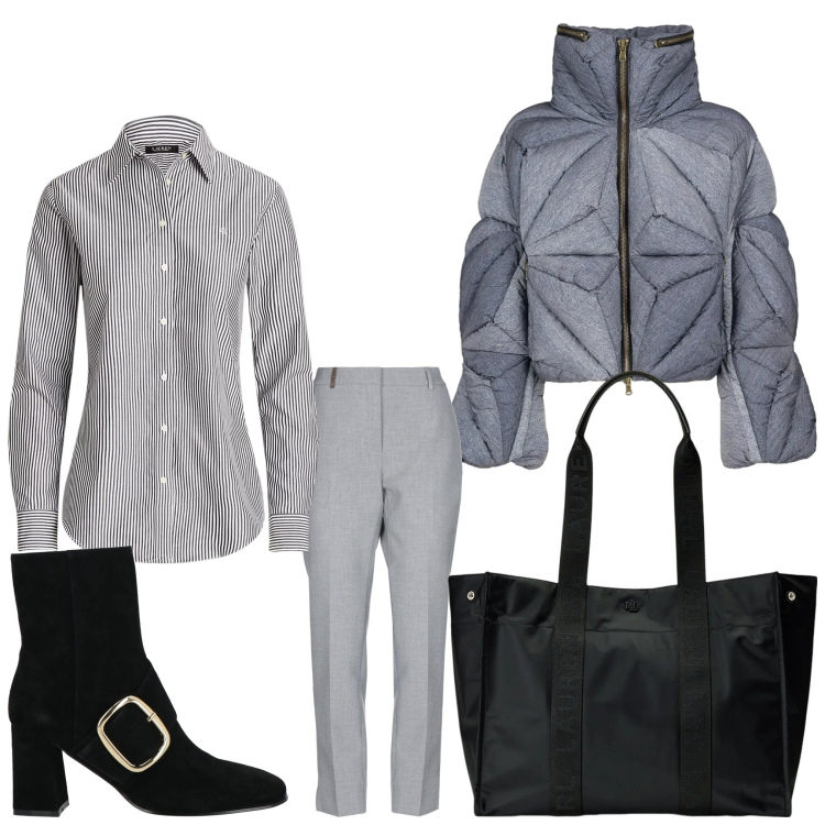 Outfit donna - Inverno 2026. Stile Chic per Ufficio. Abbinamento con pantaloni, stivaletti, camicie, borse tote, piumini.