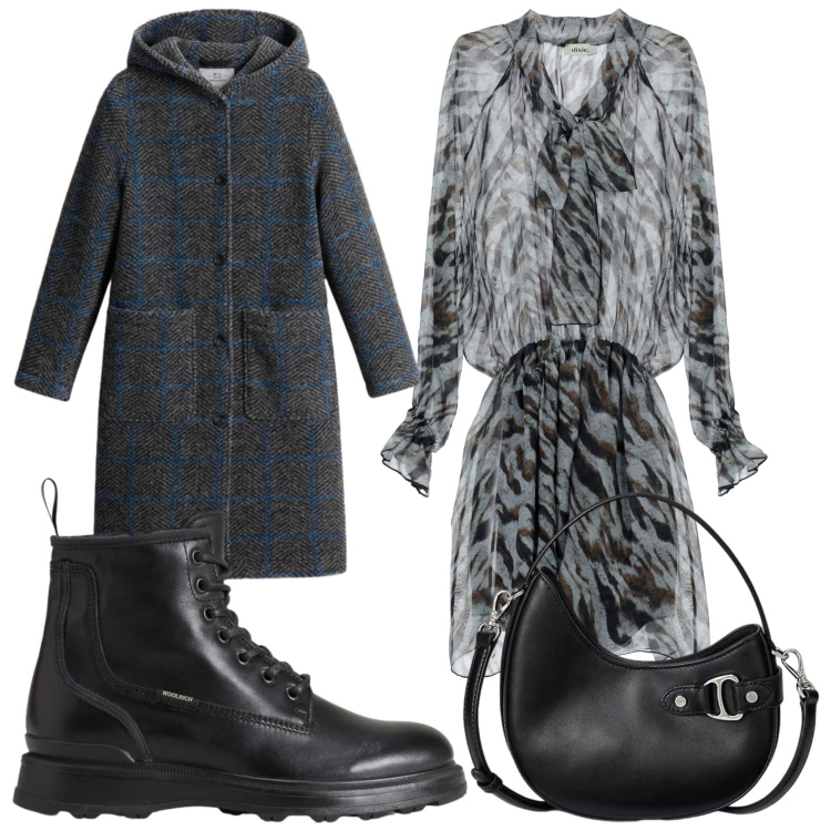 Outfit donna - Grigio e dintorni. Stile Casual chic per Serata fuori. Abbinamento con borse a tracolla, vestiti corti, cappotti, anfibi.