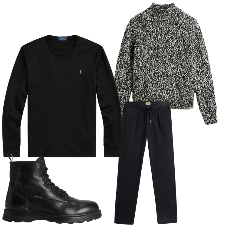 Outfit uomo - Lana. Stile Casual per Tutti i giorni. Abbinamento con t-shirt, maglieria, pantaloni, anfibi.