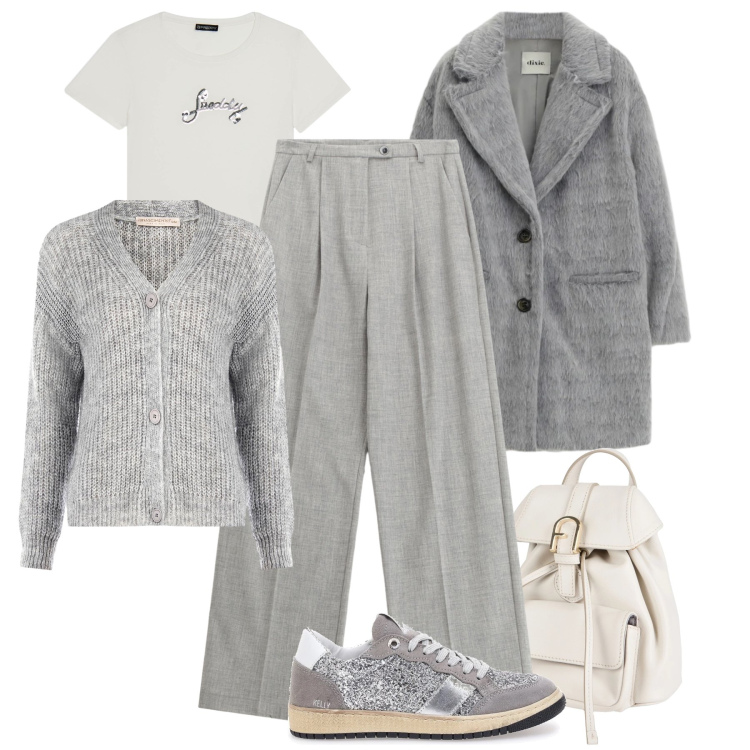 Outfit donna - Grigio perla mélange & bianco. Stile Casual chic per Ufficio. Abbinamento con zaini, pantaloni, t-shirt, cappotti, cardigans, sneakers.