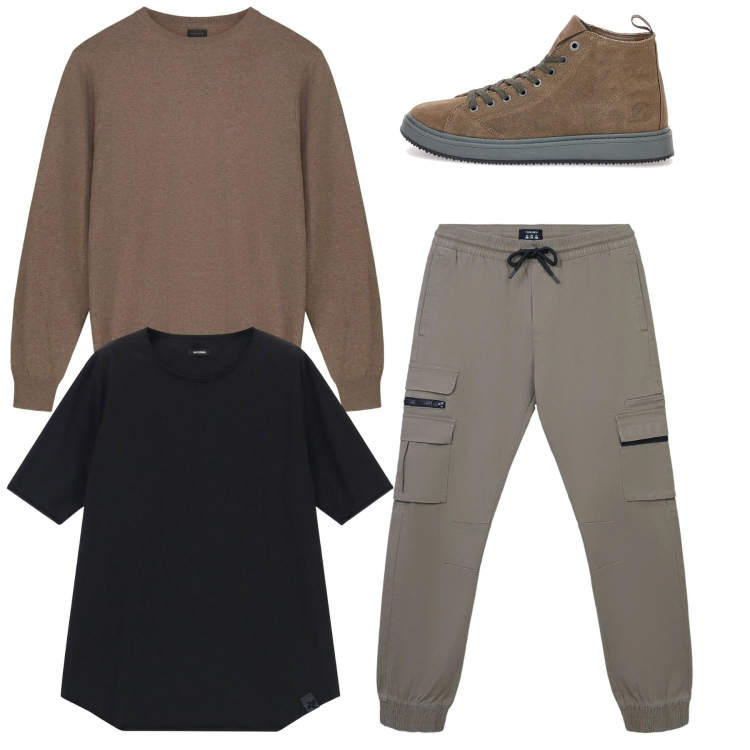 Outfit uomo - Total look. Stile Casual per Tutti i giorni. Abbinamento con pantaloni cargo, t-shirt, sneakers, maglieria.