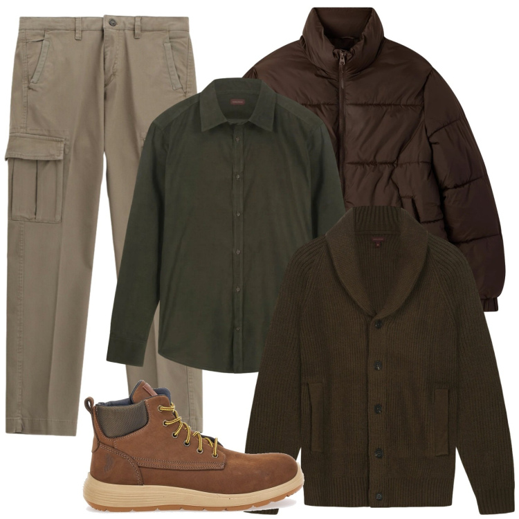 Outfit uomo - Camicia e Cardigan. Stile Casual per Tutti i giorni. Abbinamento con bomber, pantaloni cargo, stivali e stivaletti, camicie, cardigans.