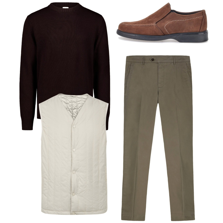 Outfit uomo - Total look. Stile Casual per Tutti i giorni. Abbinamento con scarpe stringate, piumini, pantaloni chino, maglieria.