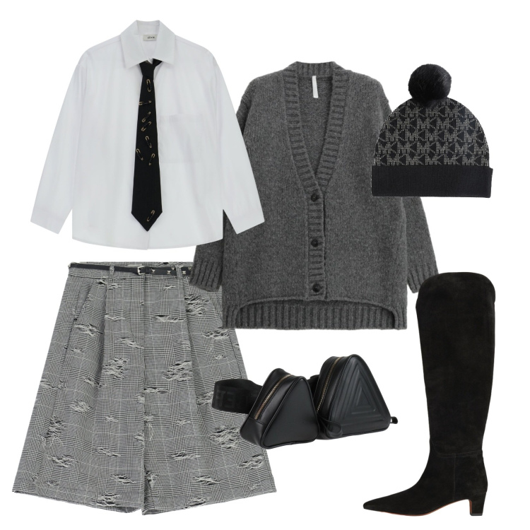 Outfit donna - Grey color. Stile Trendy per Tutti i giorni. Abbinamento con cappelli, marsupi, cardigans, stivali, shorts, camicie.