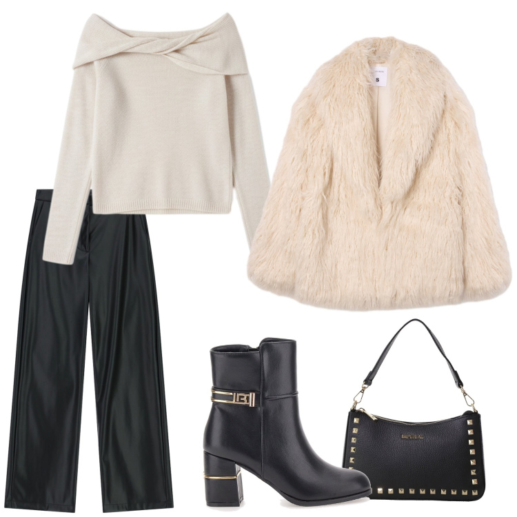 Outfit donna - Serata tra ragazze. Stile Rock per Serata fuori. Abbinamento con pochette, pantaloni, ecopellicce, maglieria, stivaletti.