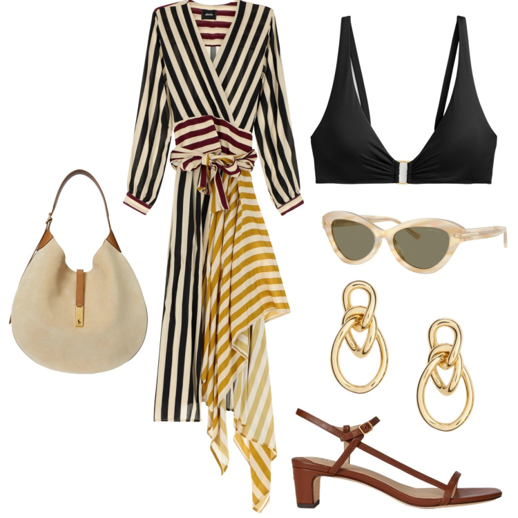 Outfit donna - Total look #2311667. Stile Chic per Mare. Abbinamento con occhiali da sole, orecchini, sandali in pelle, bikini, borse a spalla, vestiti lunghi.