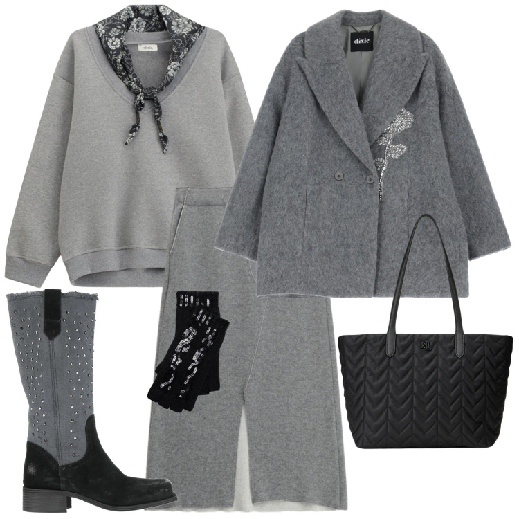 Outfit donna - Grey soft. Stile Urban per Tutti i giorni. Abbinamento con stivali, cappotti, gonne longuette, felpe, borse tote, guanti.