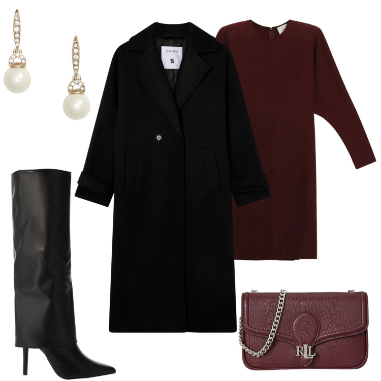 Outfit donna - Semplicemente bellissima col cappotto ne. Stile Chic per Serata fuori. Abbinamento con stivali, vestiti midi/longuette, cappotti, orecchini, clutch.