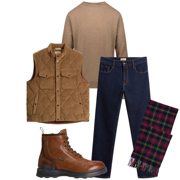 Outfit uomo - Total look #2311674. Stile Urban per Tutti i giorni. Abbinamento con sciarpe, gilet, anfibi, pantaloni, maglieria.