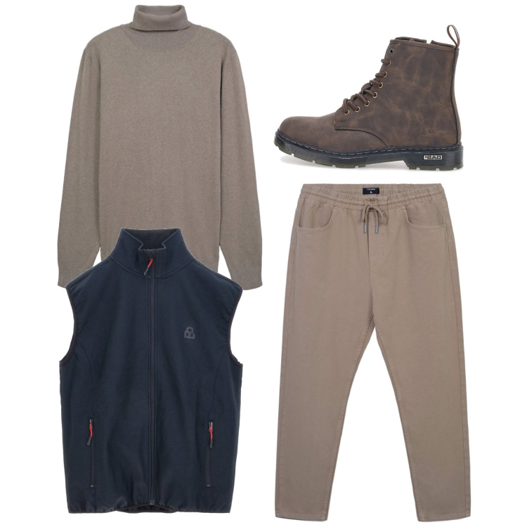 Outfit uomo - Gennaio in lana. Stile Casual per Tutti i giorni. Abbinamento con pantaloni, maglieria, gilet, anfibi.