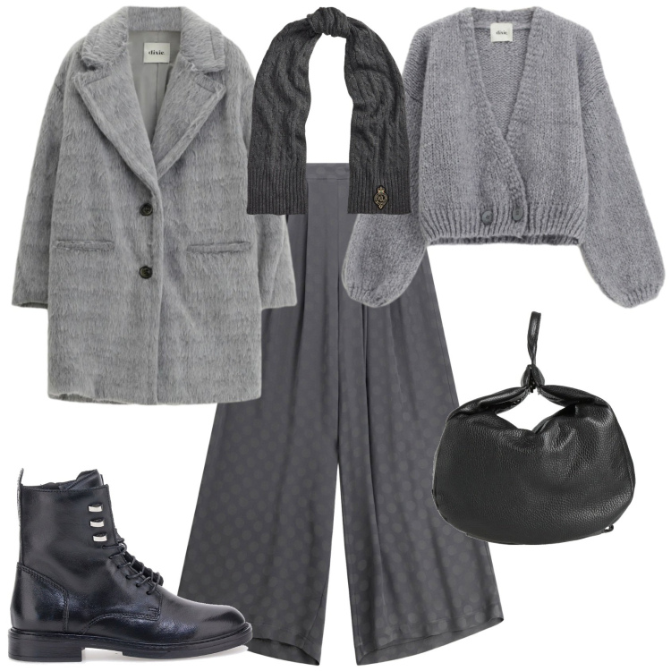 Outfit donna - Casual chic ogni giorno. Stile Casual chic per Tutti i giorni. Abbinamento con zaini, sciarpe, pantaloni a palazzo, cappotti, cardigans, anfibi.