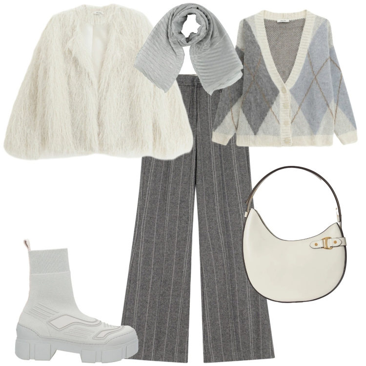 Outfit donna - Trendy grigio bianco ogni giorno. Stile Trendy per Tutti i giorni. Abbinamento con stivaletti, sciarpe, borse a spalla, blazer, pantaloni, cardigans.