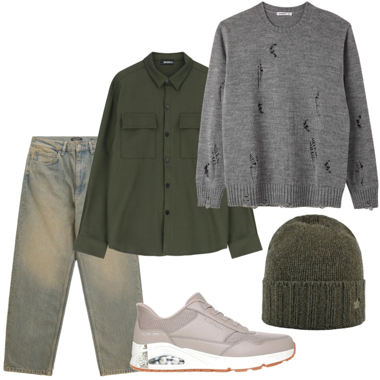 Outfit uomo - Il maglione all\'avanguardia. Stile Casual per Tutti i giorni. Abbinamento con maglieria, jeans, camicie, cappelli, sneakers.