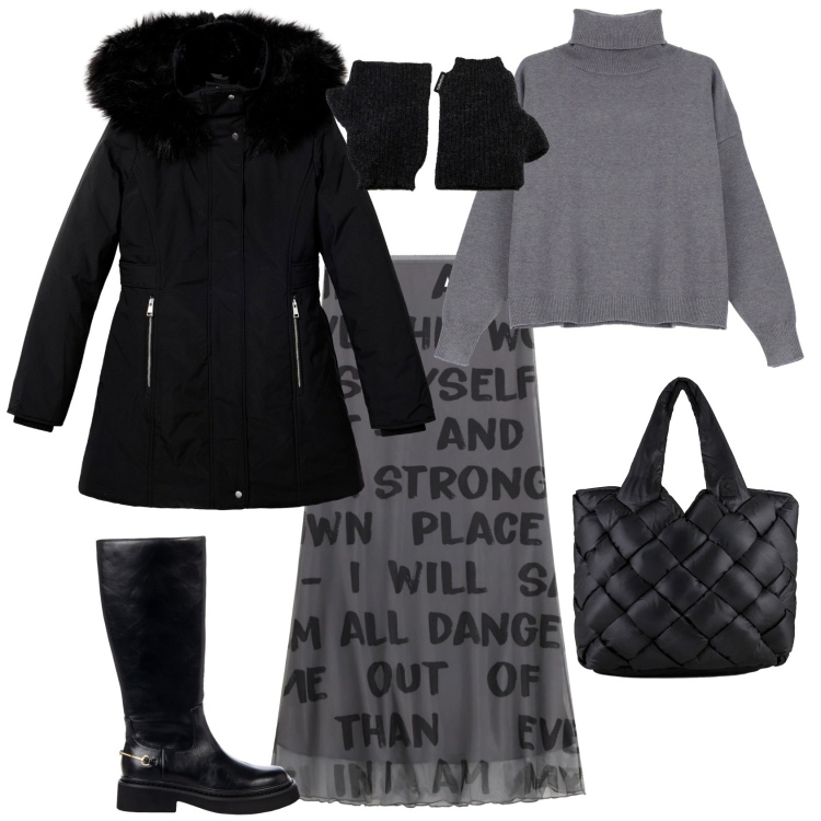 Outfit donna - Casual chic per tutti i giorni. Stile Casual chic per Tutti i giorni. Abbinamento con parka, maglieria, gonne lunghe, borse tote, guanti, stivali sopra il ginocchio.