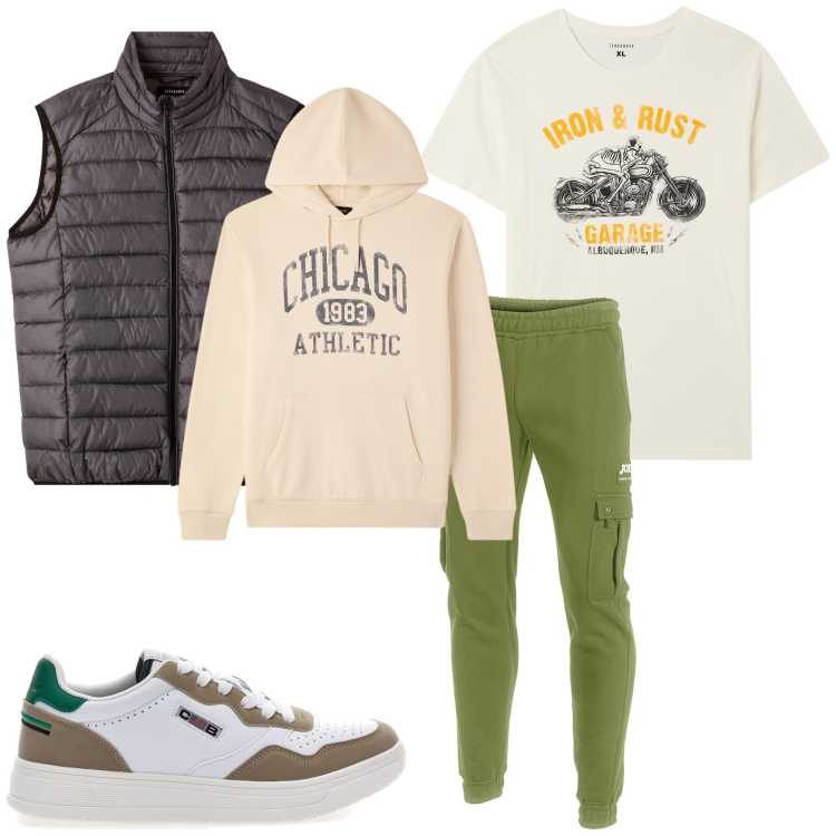 Outfit uomo - Sportivo. Stile Urban per Tutti i giorni. Abbinamento con t-shirt, piumini, felpe con cappuccio, pantaloni, sneakers.