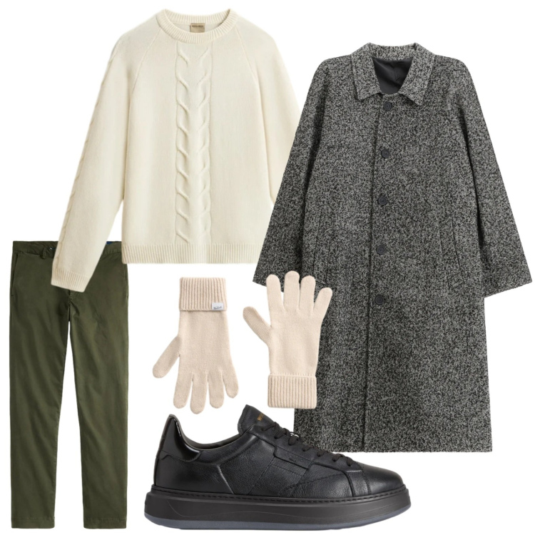 Outfit uomo - Il cappotto elegante. Stile Casual per Ufficio. Abbinamento con cappotti, pantaloni, sneakers, maglieria, guanti.