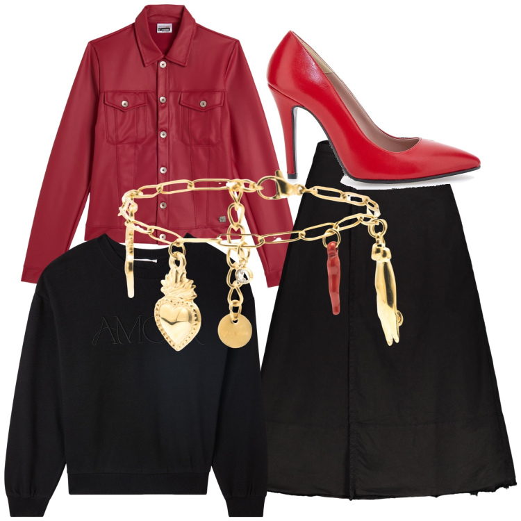 Outfit donna - Buona fortuna. Stile Basic per Tutti i giorni. Abbinamento con felpe, braccialetti, giacche, gonne lunghe, décolleté.