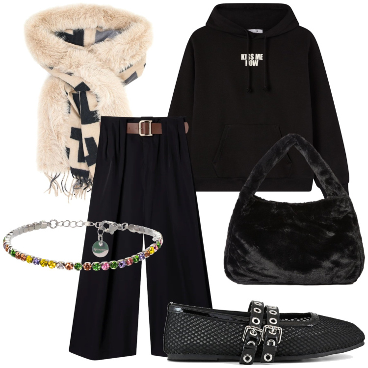 Outfit donna - Il colore è nel bracciale. Stile Casual chic per Tutti i giorni. Abbinamento con felpe con cappuccio, pantaloni, braccialetti, ballerine, borse a spalla, cappe.