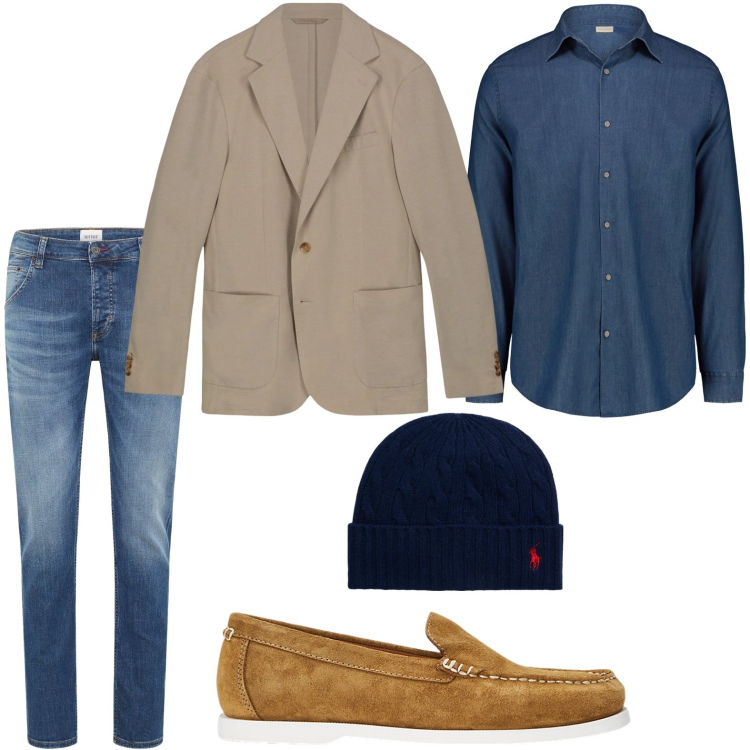Outfit uomo - Denim e blazer. Stile Casual per Ufficio. Abbinamento con jeans dritti, berretti, scarpe stringate, camicie, giacche.