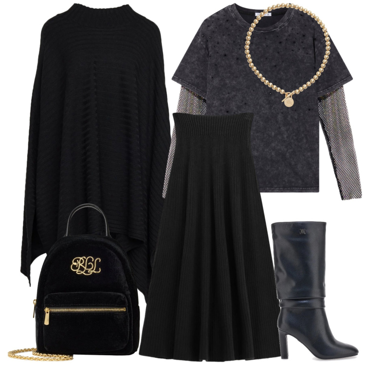 Outfit donna - Chic in mantella. Stile Chic per Ufficio. Abbinamento con cappotti, t-shirt, gonne lunghe, collane, borse a tracolla, stivali.