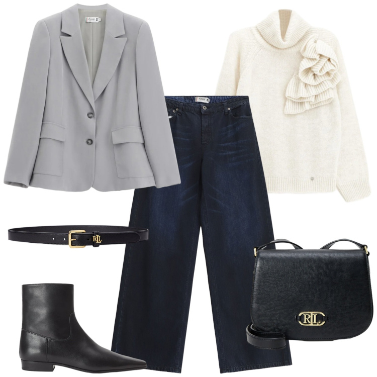 Outfit donna - Please Saldi FW 2025. Stile Urban per Ufficio. Abbinamento con blazer, jeans, maglieria, stivaletti, cinture, borse a tracolla.