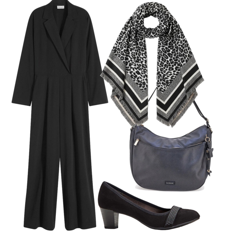 Outfit donna - Al lavoro in tuta. Stile Urban per Ufficio. Abbinamento con décolleté, tute, sciarpe, borse a spalla.