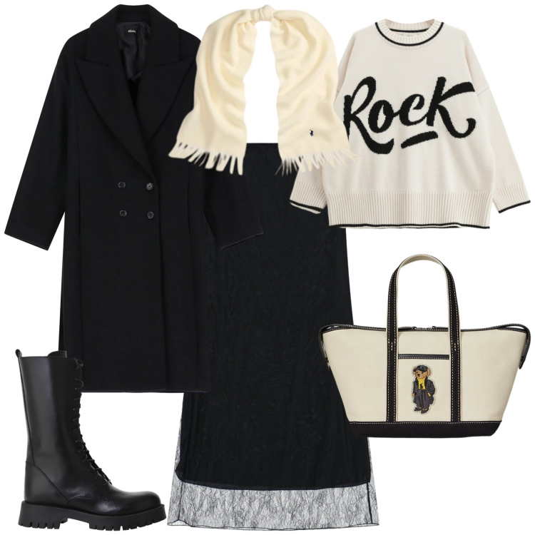 Outfit donna - Chic e rock nero e bianco. Stile Casual chic per Tutti i giorni. Abbinamento con borse tote, sciarpe, stivali, cappotti, gonne lunghe, maglieria.