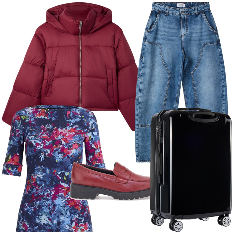 Outfit donna - Ponte dell Epifania. Stile Basic per Tutti i giorni. Abbinamento con jeans dritti, bomber, valigie, t-shirt, mocassini.