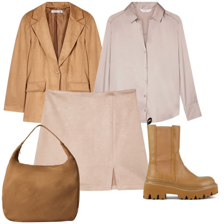 Outfit donna - Tonalità. Stile Urban per Ufficio. Abbinamento con minigonne, borse a mano, blazer, camicie, stivaletti chelsea.