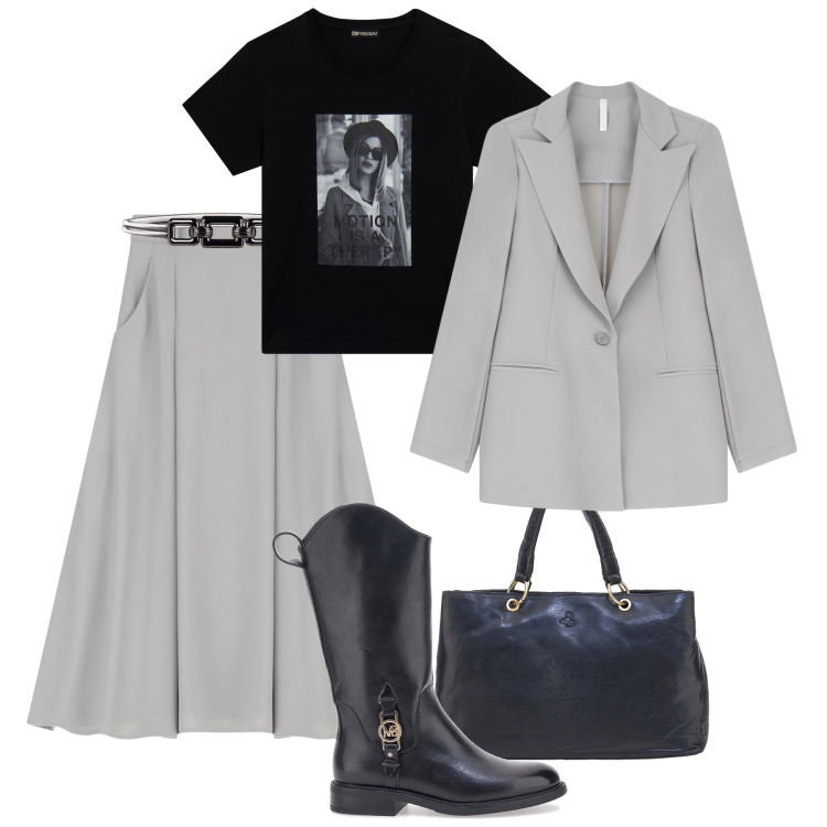 Outfit donna - Completo grigio perla rivisitato. Stile Casual chic per Serata fuori. Abbinamento con gonne lunghe, blazer, t-shirt, cinture, stivaletti, borse a mano.