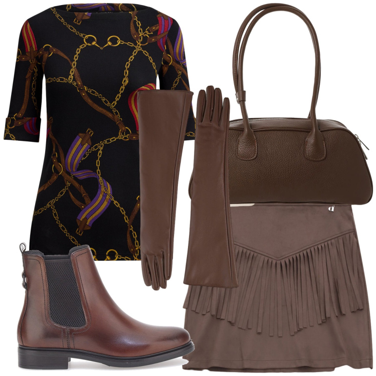 Outfit donna - Aperitivo. Stile Trendy per Serata fuori. Abbinamento con minigonne, borse a mano, guanti, t-shirt, stivaletti.