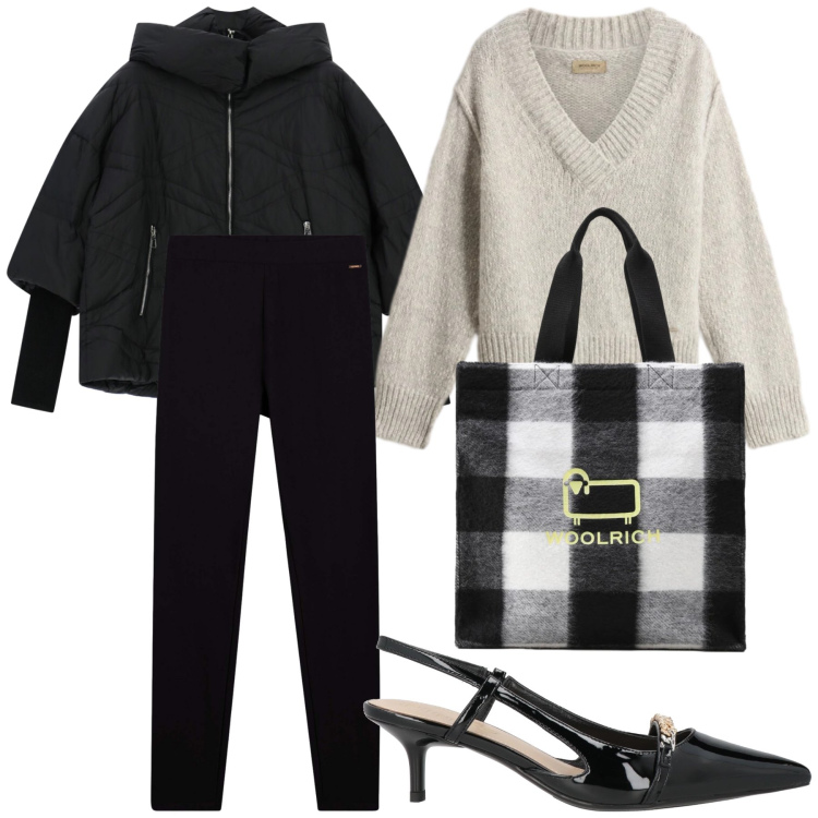 Outfit donna - Serata al ristorante. Stile Glamour per Serata fuori. Abbinamento con décolleté, bomber, leggings, borse tote, maglieria.