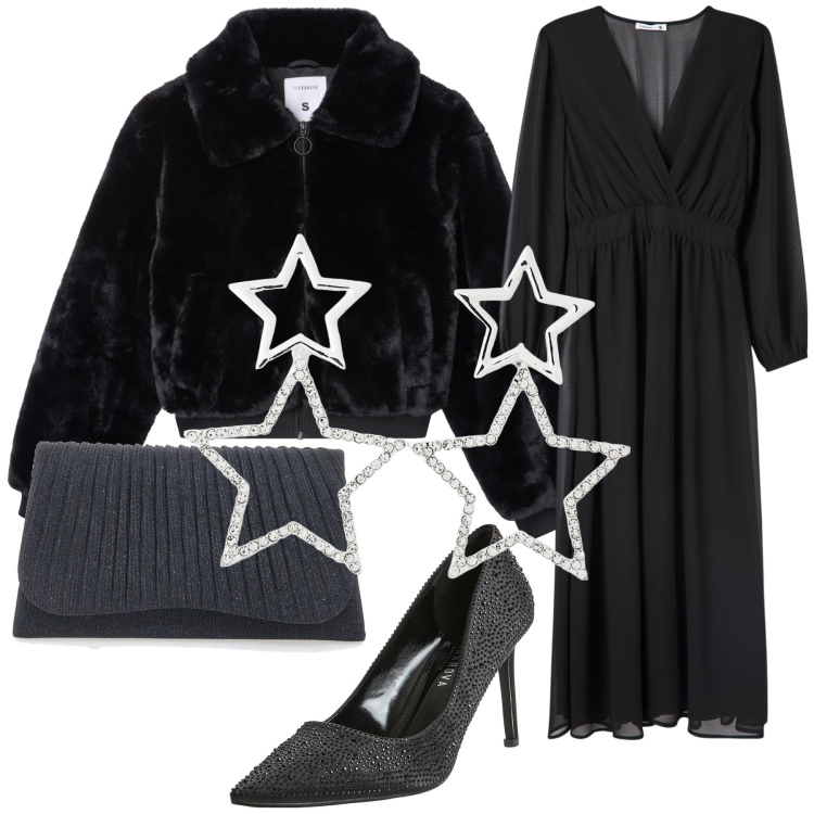 Outfit donna - Sotto le stelle di gennaio. Stile Glamour per Serata fuori. Abbinamento con vestiti lunghi, ecopellicce, décolleté, orecchini, clutch.