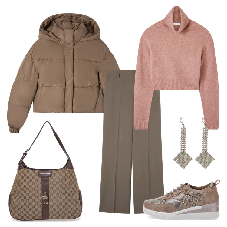 Outfit donna - Total look #2311731. Stile Casual chic per Ufficio. Abbinamento con pantaloni a palazzo, maglieria, bomber, orecchini, sneakers, borse a spalla.
