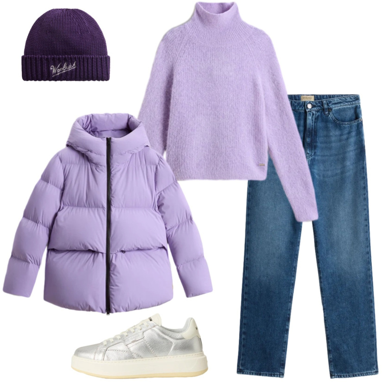 Outfit donna - Woolrich style. Stile Casual per Tutti i giorni. Abbinamento con jeans, sneakers, piumini, maglieria, berretti.