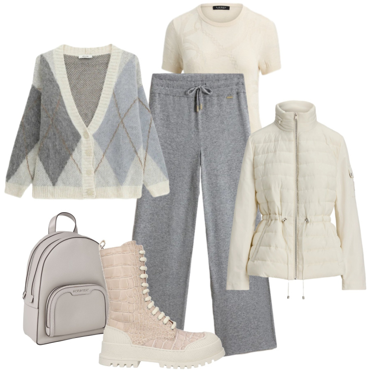 Outfit donna - Comfy grigio perla/crema. Stile Sporty chic per Tutti i giorni. Abbinamento con anfibi, zaini, t-shirt, giacche, cardigans, pantaloni.