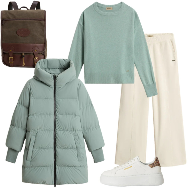 Outfit donna - Woolrich style. Stile Casual per Tutti i giorni. Abbinamento con zaini, pantaloni, sneakers, maglieria, piumini.