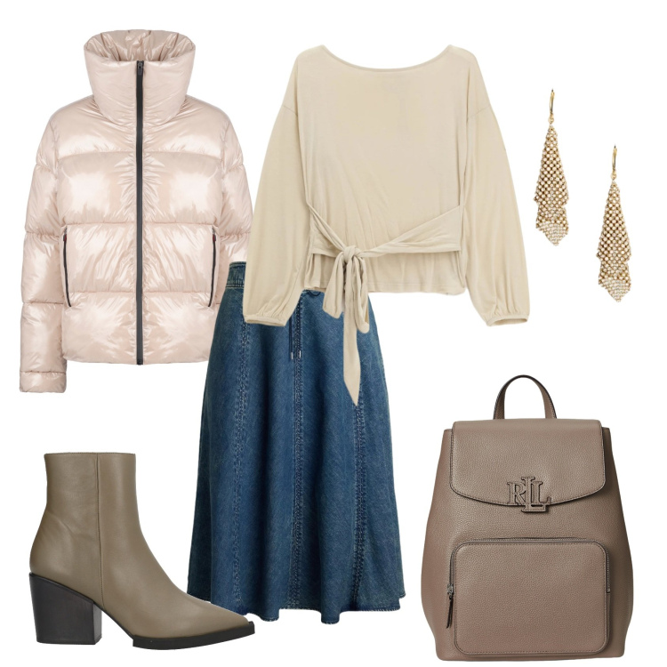 Outfit donna - Total look #2311746. Stile Casual chic per Ufficio. Abbinamento con stivaletti, top, zaini, orecchini, gonne, blazer.