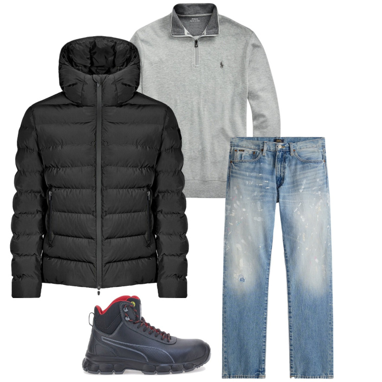 Outfit uomo - Total look #2311748. Stile Urban per Tutti i giorni. Abbinamento con pullovers, jeans dritti, bomber, stivali e stivaletti.