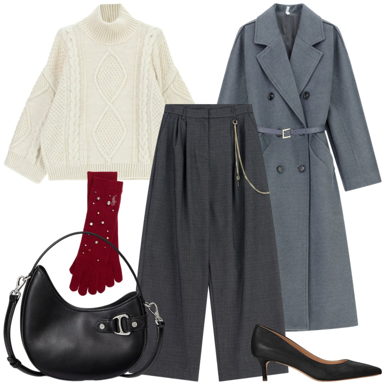 Outfit donna - Imperial - Saldi FW 2025. Stile Urban per Ufficio. Abbinamento con cappotti, pantaloni a palazzo, maglieria, guanti, décolleté, borse a tracolla.