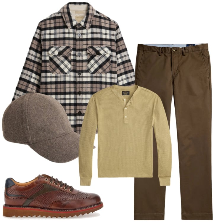 Outfit uomo - Total look #2311755. Stile Trendy per Tutti i giorni. Abbinamento con t-shirt, pantaloni chino, cappelli, cappotti, scarpe stringate.