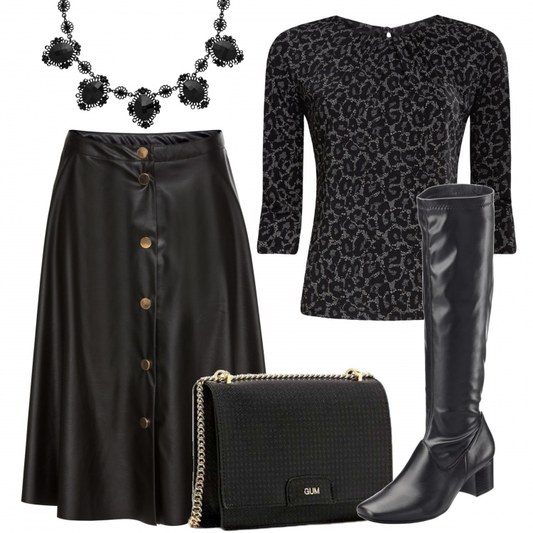 Outfit donna - Elegante in rock. Stile Rock per Serata fuori. Abbinamento con stivali, gonna in pelle sintetica con bottoni, collana nero, t-shirt con stampa e scollo aderente nero, borsa a tracolla fantasia nero.