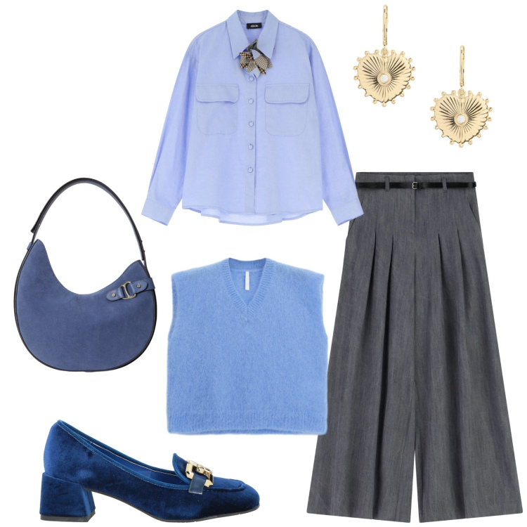 Outfit donna - Total look #2311767. Stile Bon Ton per Ufficio. Abbinamento con mocassini, pantaloni a palazzo, maglieria, camicie, orecchini, borse a spalla.