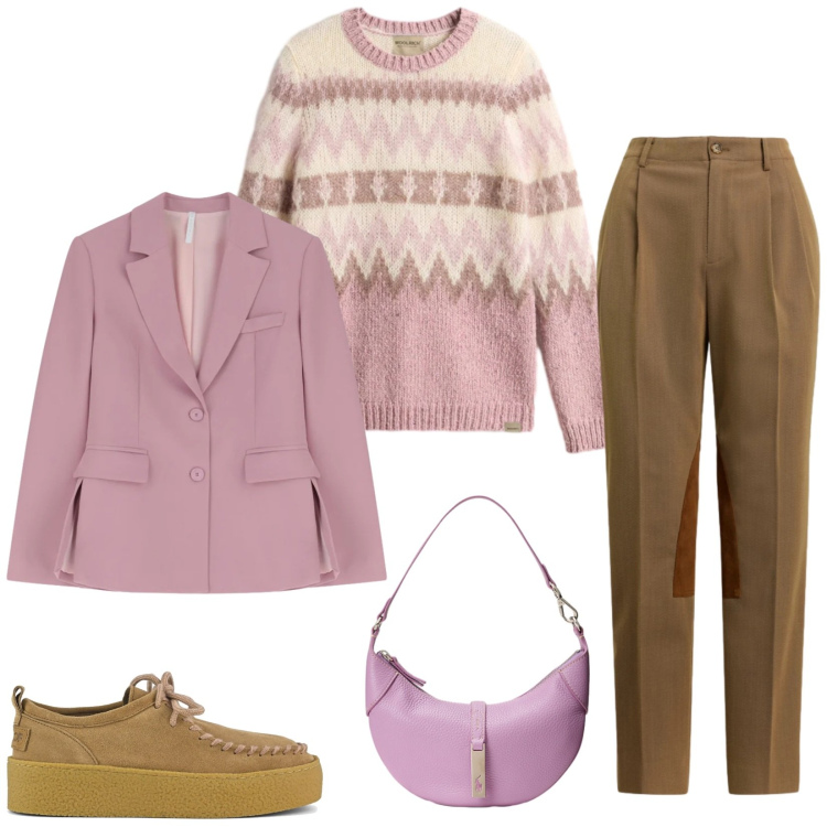 Outfit donna - Total look #2311768. Stile Casual chic per Tutti i giorni. Abbinamento con blazer, borse a spalla, pantaloni, maglieria, mocassini.