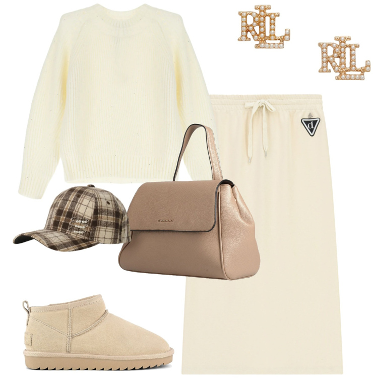 Outfit donna - White. Stile Casual chic per Tutti i giorni. Abbinamento con zaini, maglieria, gonne longuette, cappelli con visiera, orecchini, stivali.