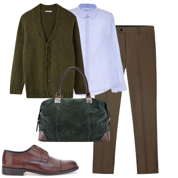 Outfit uomo - Gennaio. Stile Urban per Tutti i giorni. Abbinamento con cardigans, camicie, scarpe stringate, borse sportive, pantaloni.