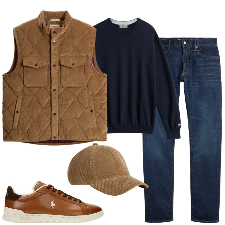 Outfit uomo - Gennaio. Stile Casual per Tutti i giorni. Abbinamento con sneakers, jeans, gilet, cappelli con visiera, maglieria.